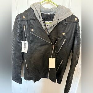 Black Leather Jacket with Gray Hoodie